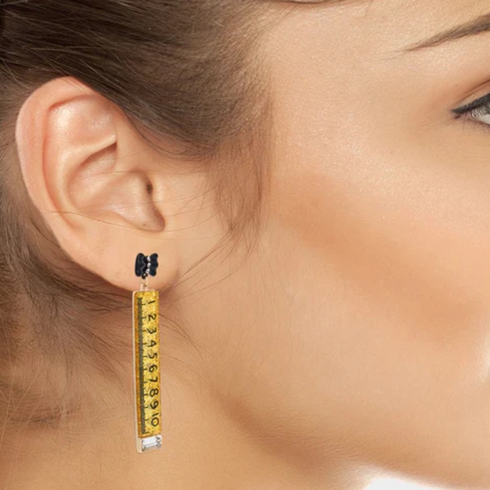 New Betsey Johnson BACK TO COOL RULER DROP EARRINGS GOLD - Picture 3 of 8